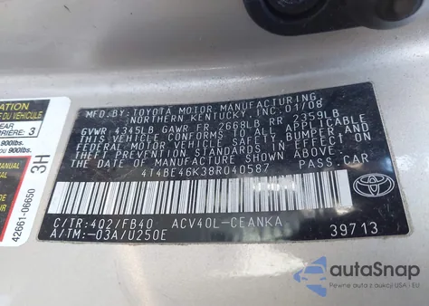 2008 Toyota Camry Le from USA, damaged, VIN 4T4BE46K38R040587